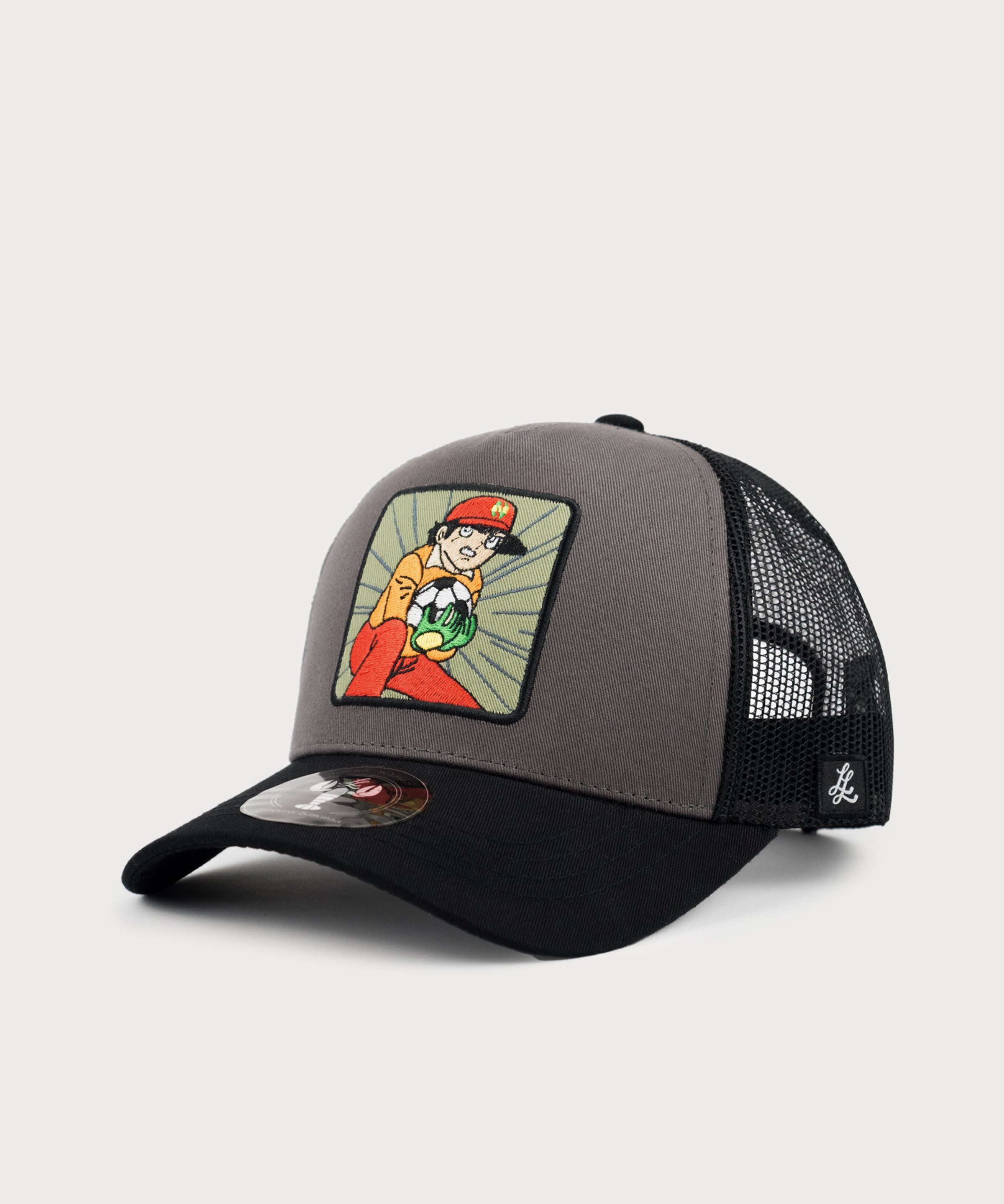 Trucker Cap in Schwarz und Grau mit Genzo Wakabayashi Patch aus Captain Tsubasa