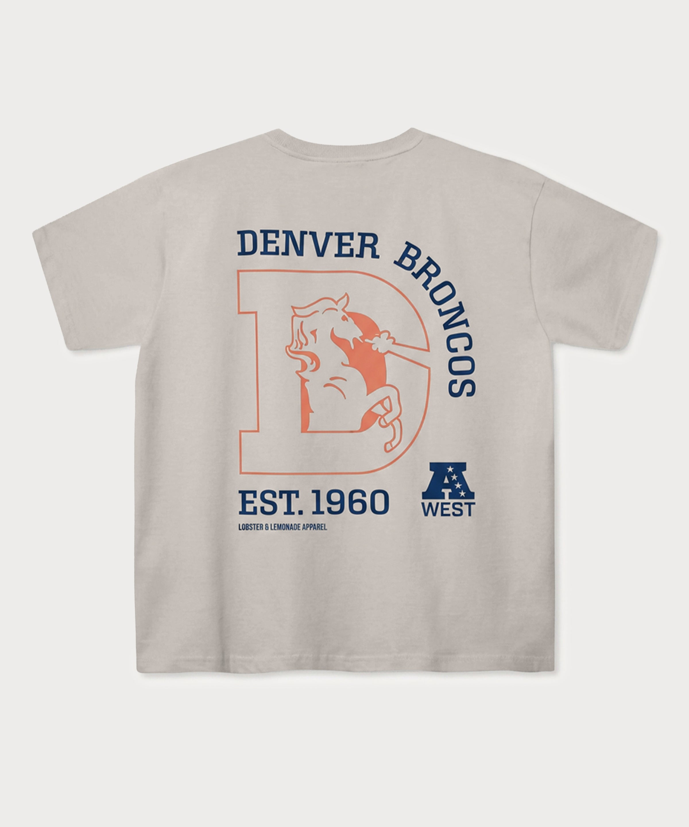 Beiges NFL Classics Broncos Band T-Shirt mit großem Rückenprint.