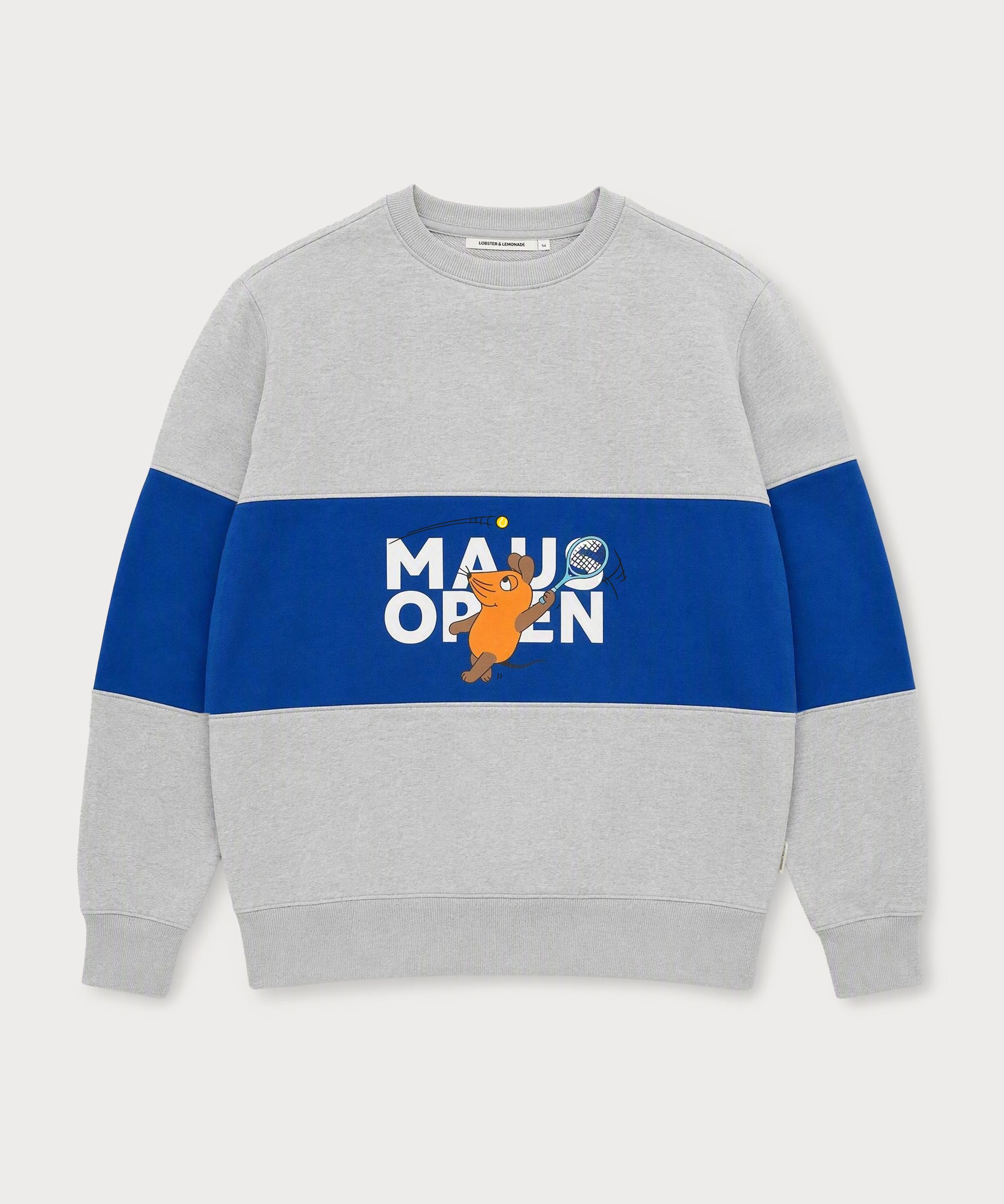 Vorderansicht des grau-navyblauen Crew Sweaters mit Maus Open-Print.