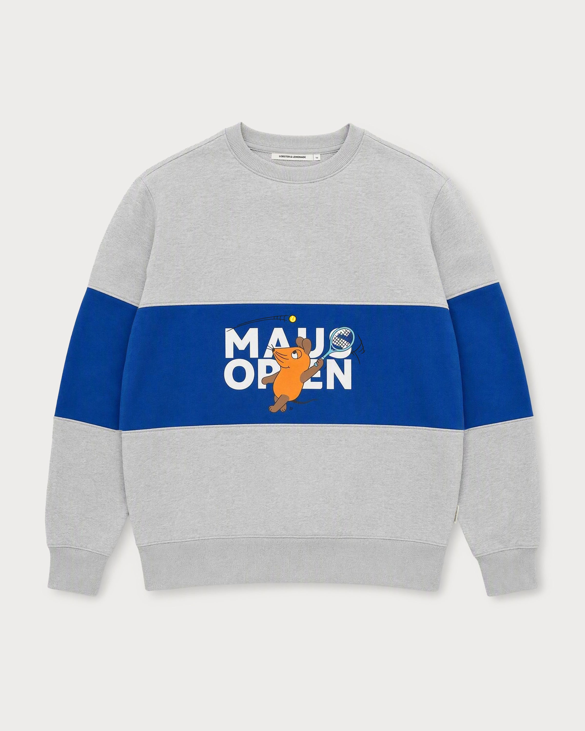 Vorderansicht des grau-navyblauen Crew Sweaters mit Maus Open-Print.