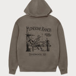 Rückansicht des grauen Boxer Hoodies mit großem Lucky Luke Lonesome Ranch-Print. Lucky Luke, der sich entspannt auf der Ranch in Deadwood zurücklehnt.