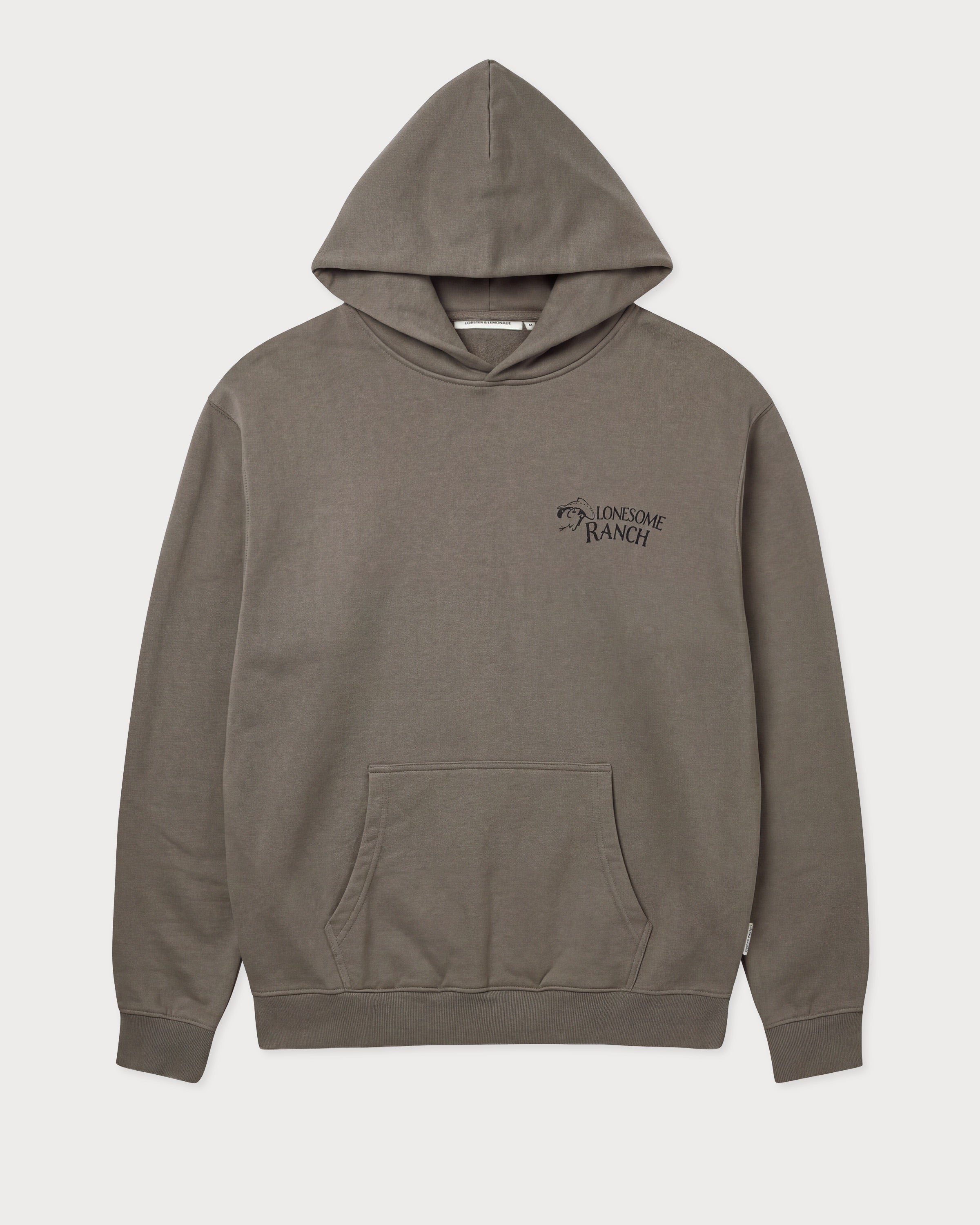 Vorderansicht des grauen Boxer Hoodies mit einem dezenten „Lonesome Ranch“-Print auf der Brust.