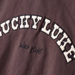 Detailaufnahme des Lucky Luke Badges-Motivs auf dem braunen Boxer Hoodie. „LUCKY LUKE since 1946“-Schriftzug.