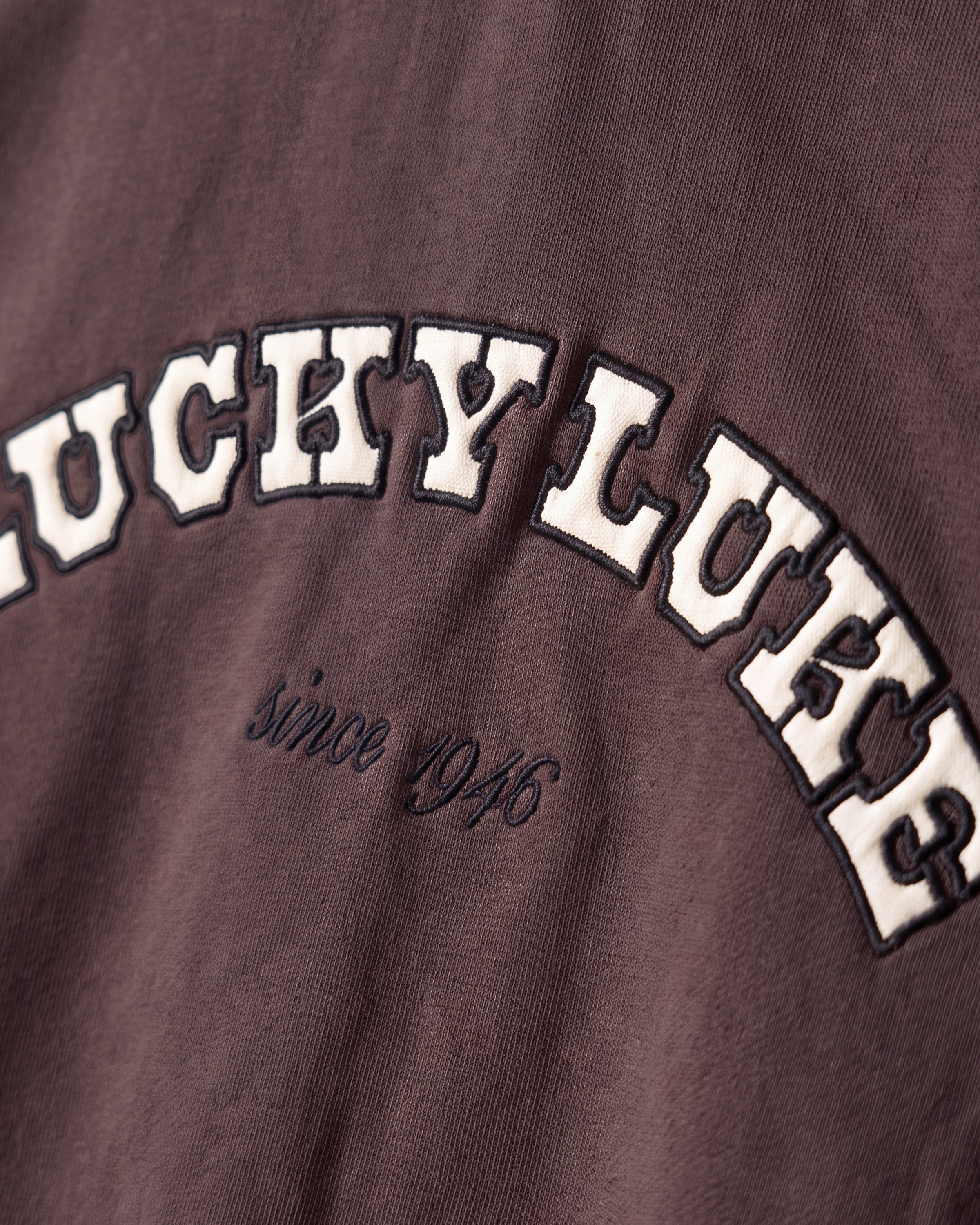 Detailaufnahme des Lucky Luke Badges-Motivs auf dem braunen Boxer Hoodie. „LUCKY LUKE since 1946“-Schriftzug.
