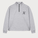 Vorderansicht des grauen Half Zips mit einer von einer Kugel durchbohrten Spielkarte auf der Brust.