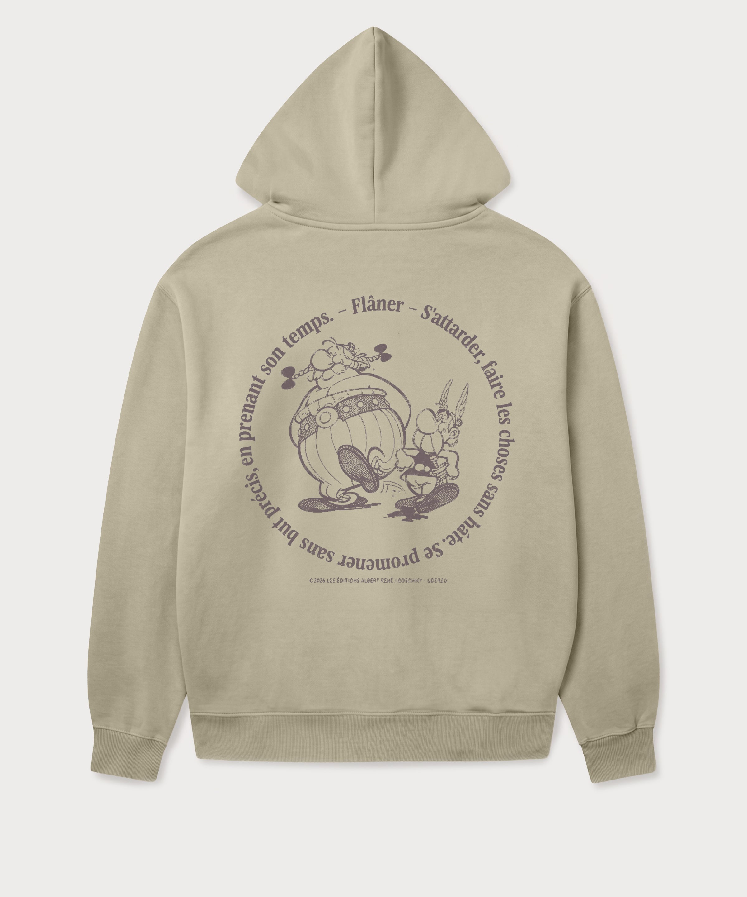 Rückansicht des grauen Zip Hoodies mit großem Astérix Flâner-Print. Astérix und Obélix beim entspannten Spaziergang.