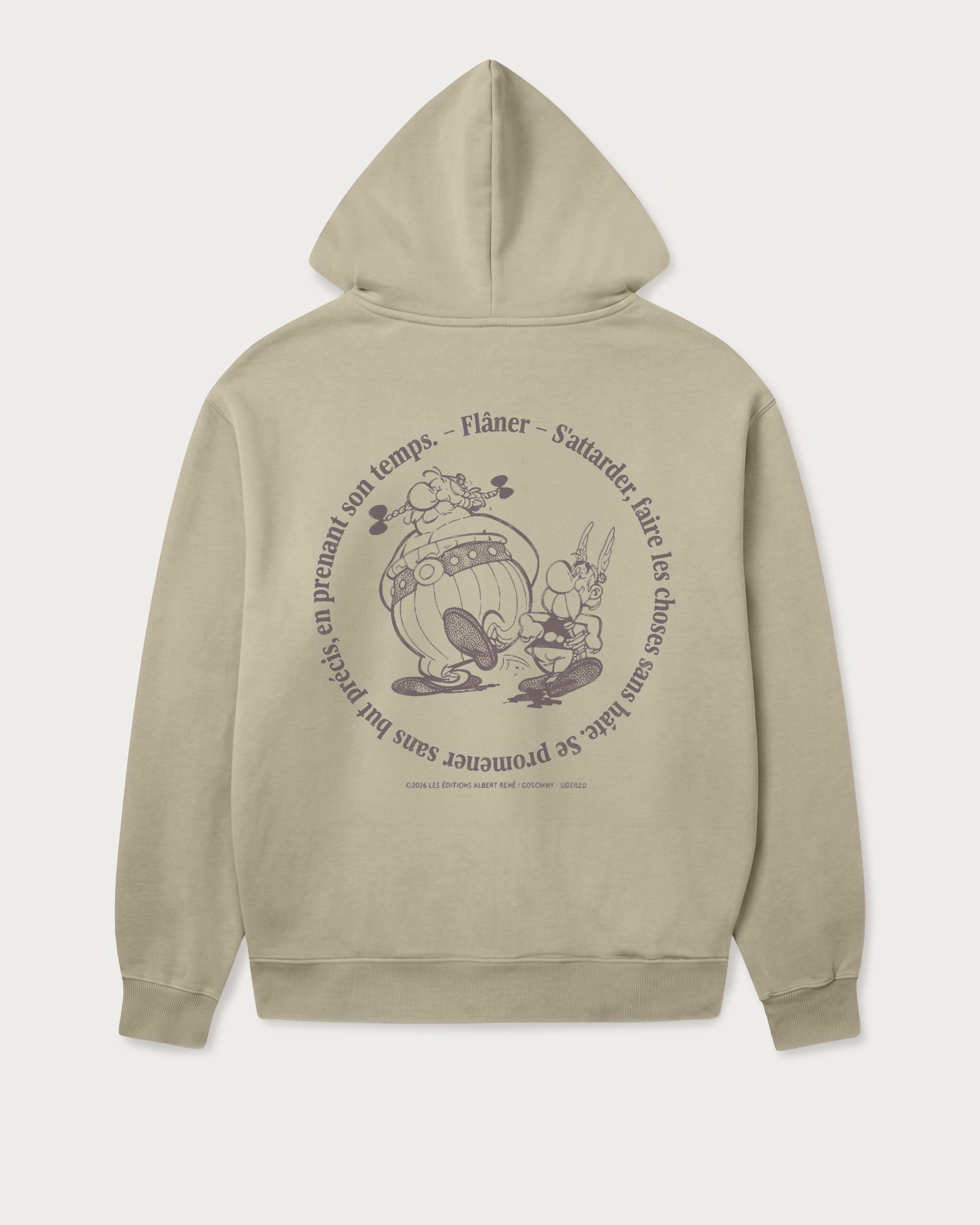 Rückansicht des grauen Zip Hoodies mit großem Astérix Flâner-Print. Astérix und Obélix beim entspannten Spaziergang.