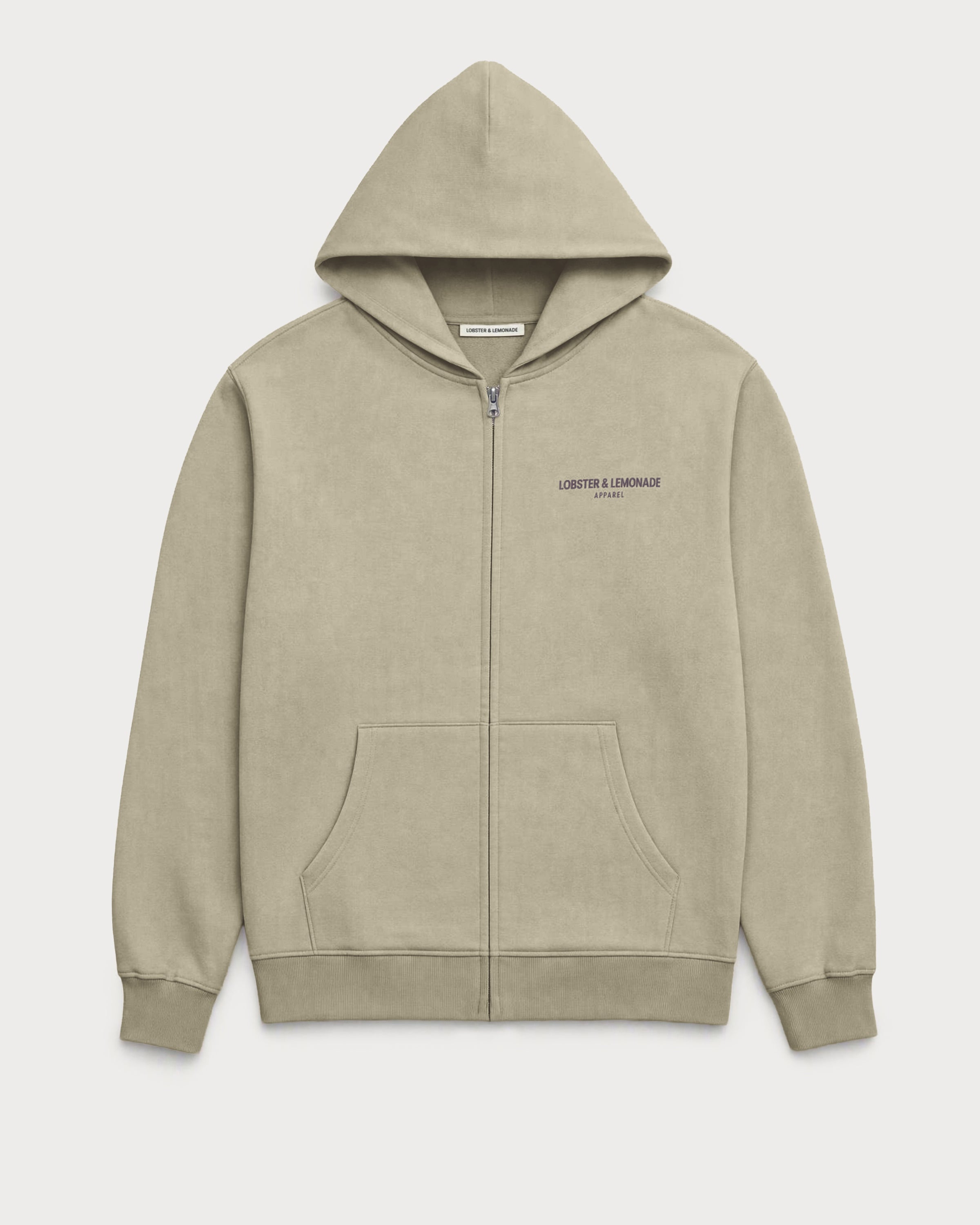 Vorderansicht des grauen Zip Hoodies mit einem dezenten Lobster & Lemonade Schriftzug.