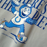 Detailaufnahme des Indianapolis Colts Blue Mascot-Rückenprints auf dem grauen Street Hoodie. Colts-Maskottchen Blue bei seinem Tortenwurf.