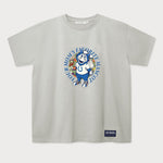 Vorderansicht des grauen Band T-Shirts mit großem Indianapolis Colts Blue Mascot-Print. Das von floralen Details umrahmte Colts-Maskottchen Blue.