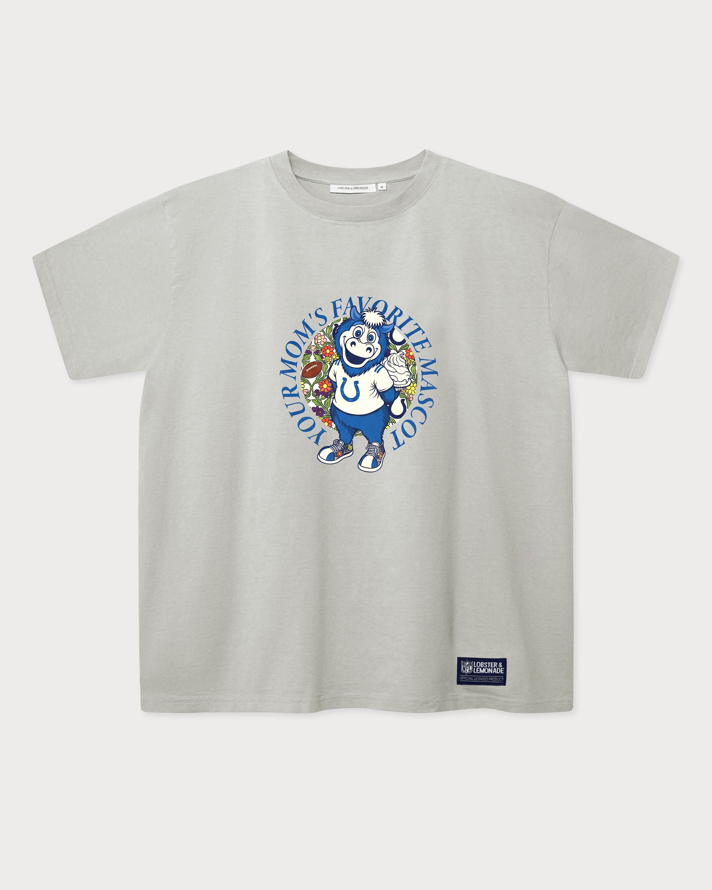 Vorderansicht des grauen Band T-Shirts mit großem Indianapolis Colts Blue Mascot-Print. Das von floralen Details umrahmte Colts-Maskottchen Blue.