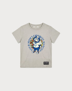 Vorderansicht des grauen Kids T-Shirts mit großem Indianapolis Colts Blue Mascot-Print. Das von floralen Details umrahmte Colts-Maskottchen Blue.